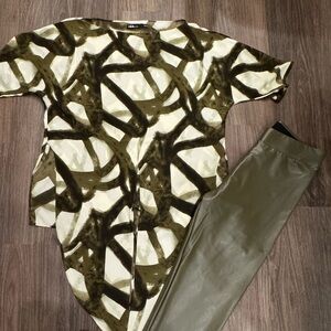 INA Olive & Cream Abstract Brushstroke Blouse and faux leggings.